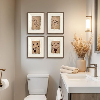 Framed Vintage Botanical Wall Art for Wall Decor, 4 Piece Brown Floral Farmhouse Bathroom Picture Prints, Rustic Farmhouse Botanical Artwork for Living Room Bedroom Bathroom Fireplace Walls, 11x14 In