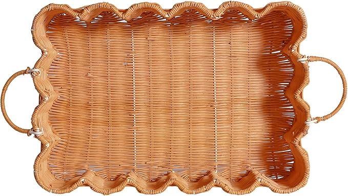 Scalloped Rattan Tray Basket,17"*12"*4" Super Hard Rectangle Hand Woven Wicker Serving Tray with Handles, Seagrass Decoratve Tray for Coffee Table (Rattan-Light Orange-17 * 12 * 4")