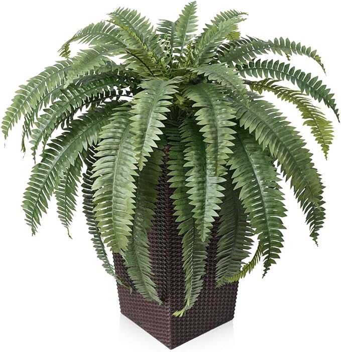 48" Boston Ferns Artificial Outdoor Plants - 39 Fronds UV Resistant Faux Greenery with Taper Planter- Realistic Fake Bushes Front Porch Decor for Garden, Patio, Indoors - Set of 1, VN153
