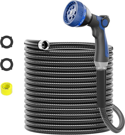 SPECILITE 25ft 304 Stainless Steel Garden Hose Metal, Heavy Duty Water Pipe with Nozzles for Yard, Outdoor - Flexible, Never Kink & Tangle, Puncture Resistant (Black)