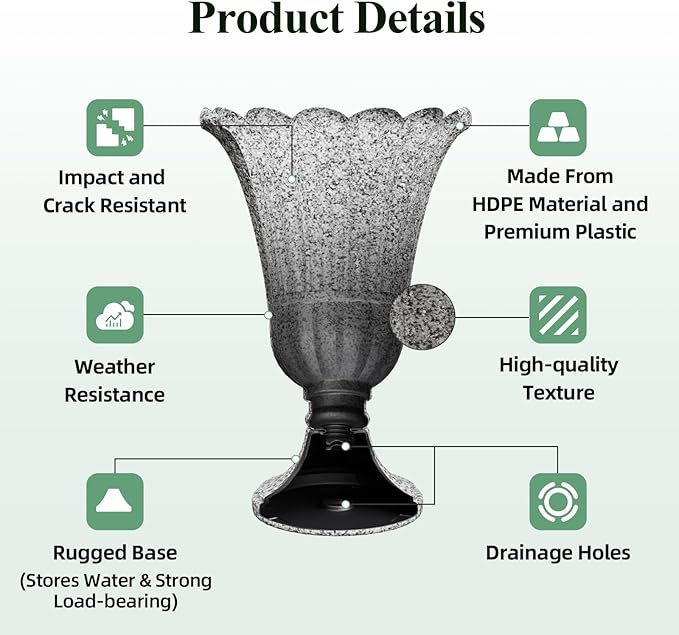 23.6" Tall Plastic Urn Planters for Outdoor Plants with Drainage Holes & Petal Design, Set of 2 Sturdy Base Classic Indoor Large Flower Pots, Outdoor Planters for Porch/Home/Garden, Slate Gray
