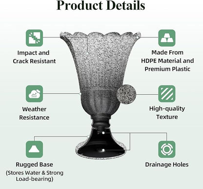 23.6" Tall Plastic Urn Planters for Outdoor Plants with Drainage Holes & Petal Design, Set of 2 Sturdy Base Classic Indoor Large Flower Pots, Outdoor Planters for Porch/Home/Garden, Slate Gray