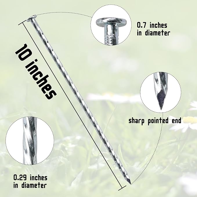 10 Inch Galvanized Landscape Stakes Heavy Duty Metal Anchoring Spikes Garden Nails for Paver Edging, Camping Tent, Weed Barrier, Artificial Turf, Carpentry and More (50)