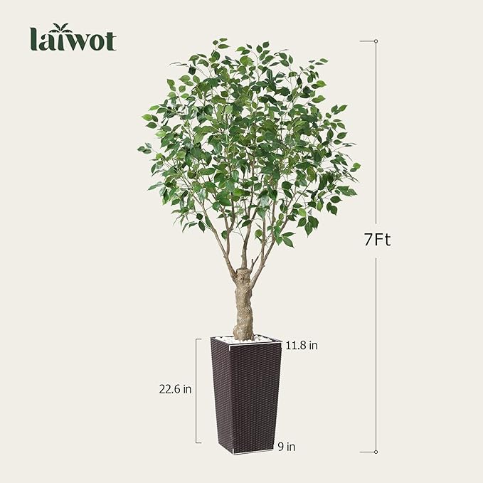 Ficus Artificial Trees Indoor Outdoor, 7ft Tall Fake Plants, Fake Ficus Silk Tree for Home Office Garden Patio Outdoor Modern Decor, 1 Pack