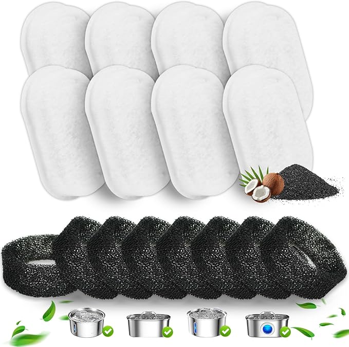 8-Pack Cat Water Fountain Filters with Pump Sponges — Activated Carbon, Ion-Exchange Resin & Cotton Mesh Replacement Filters for Pet Drinking Fountain