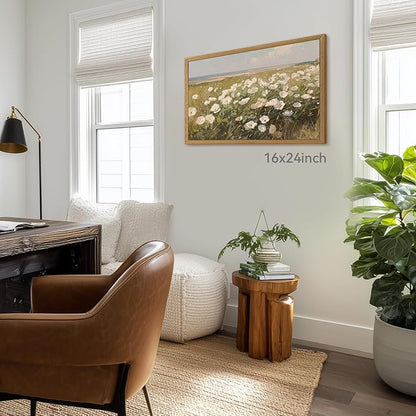 CAZLOUC Vintage Coastal Wall Art, White Wildflower Wall Decor, Rustic Farmhouse Landscape Canvas Painting, Nature Seaside Floral Poster Print for Bedroom Living Room Office Wood Framed 16x24 Inch