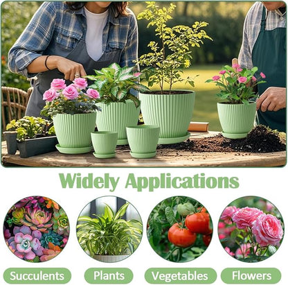 7.5/6.5/5.5/4.9/4.2/3.5 Inch Plant Pots with Saucers & Drain Holes - Indoor/Outdoor Flower Pots for Succulents, Herbs, Cactus - Modern Lightweight Durable Planter Set, Green