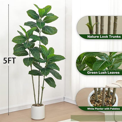 Ficus Tree Artificial Plants Indoor, 5FT Tall Fake Trees in White Pot, Large Potted Silk Floor Plant Artificial Trees, Green Lifelike Faux Ficus Tree for Home Room Office Porch Decor-Green
