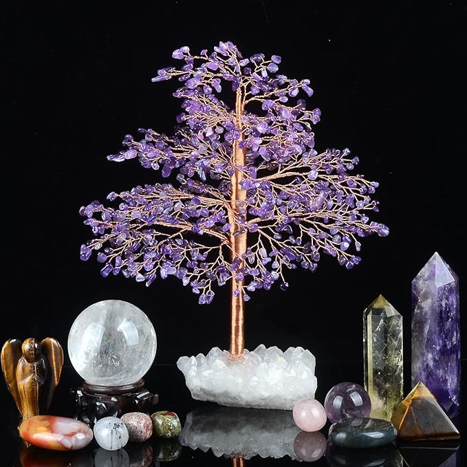 Natural Amethyst Gemstone Crystal Tree of Life, Clear Quartz Base, Chakra Money Bonsai Feng Shui, Positive Energy Healing Crystals Home Decor, Spiritual Gifts Size 10-11