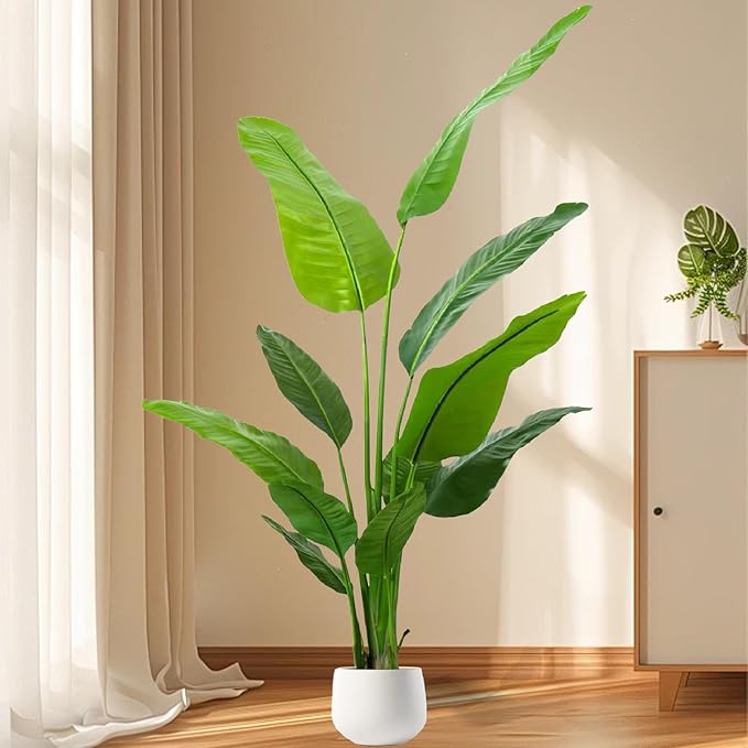6FT Artificial Bird of Paradise Plant, Faux Artificial Trees, Tall Fake Realistic Tree, 11 Trunks Silk Leaf Plant with Plastic Pot for Home Office Decor Indoor Outdoor Modern Decoration