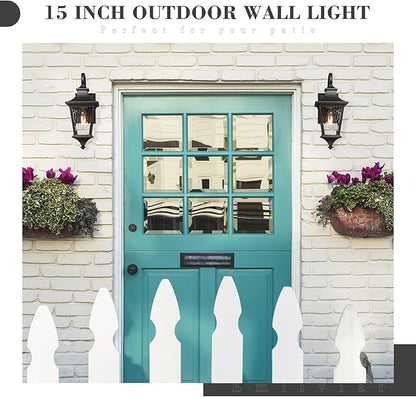 Emliviar 2-Pack Farmhouse Lantern Wall Sconces, 15" Wall Mount Outdoor Lights, Black Finish with Water Ripple Glass, XE292B-2PK-SW BK