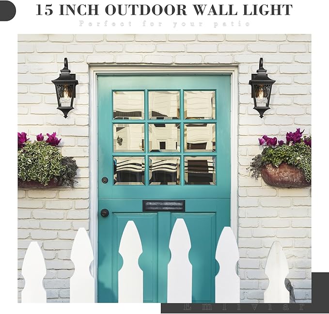 Emliviar 15 Inch Outdoor Wall Lantern Light, Porch Light for House, Hallway and Entryway, Black Finish with Water Ripple Glass, XE292B-SW BK