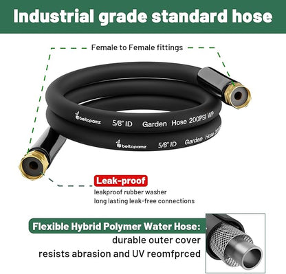 Short Garden Hose 1 ft x 5/8" Female to Female, Heavy Duty Small Water Hose Extend Connector, Leak-Free Connections Hybrid Rubber Leader Hose with 3/4" Double GHT Fittings, Black