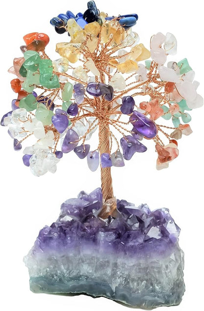7 Chakra Tree of Life - Crystal Tree for Positive Energy, Gemstone Tree, Feng Shui Tree - Amethyst Cluster Base, Seven Chakra Tree, Money Tree Bonsai,Gem Tree, Healing Crystal Decor - Spiritual Gift