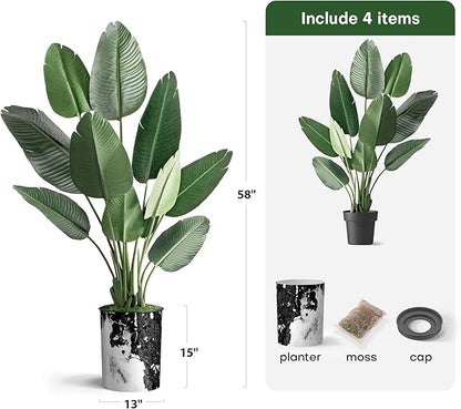 Artificial Tree in Contemporary Granite Effect Planter, Fake Bird of Paradise Silk Tree for Indoor and Outdoor Home Decoration - 58" Overall Tall (Plant Pot Plus Tree)