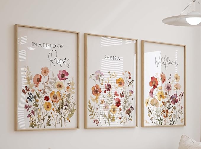 3Pcs Watercolor Flowers Nursery Framed Canvas Wall Art Florals Botanical Sentence Painting Picture Wall Decor Wildflowers Poster Print Artwork for Nursery Baby Room Bedroom Home Decoration16x24Inch