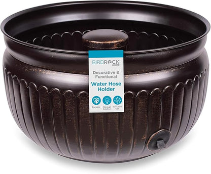 BIRDROCK HOME Water Hose Holder - Decorative Metal Pot, Indoor or Outdoor, Garden Storage Organizer, Patio Portable Bucket - Distressed Bronze, Holds up to 100ft Hoses, Medium No Lid