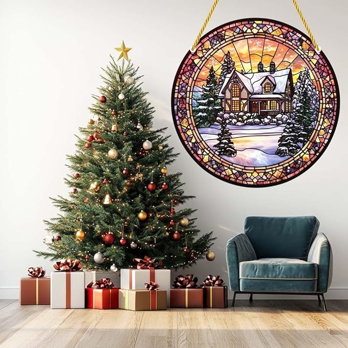 Acrylic Window Hanging Snowhouse Stained Panel Window Decoration for Outdoor Indoor Garden Yard Home Winter Decor 8 Inch