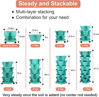 GameXcel Vertical Planter 7 Tier Stackable Planters Garden Planters Strawberry Herb Flower and Vegetable Planter Indoor Outdoor Gardening Pots with Removable Wheels and Tools