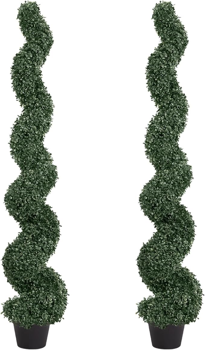 5ft Artificial Spiral Topiary Trees Outdoor Set of 2 – Faux Boxwood Bushes Shrubs, Fake Potted Plants for Front Porch Planter Indoor Outside Decor, UV Resistant 5 Foot