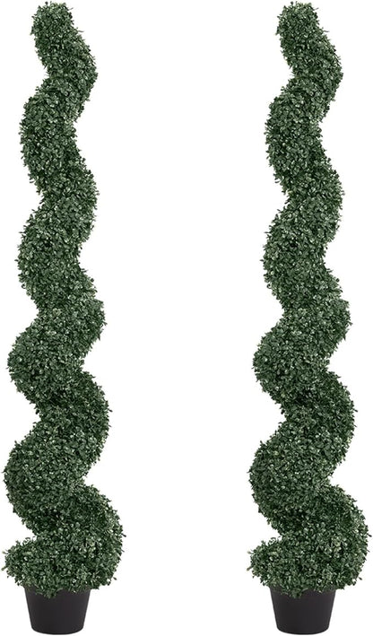 5ft Artificial Spiral Topiary Trees Outdoor Set of 2 – Faux Boxwood Bushes Shrubs, Fake Potted Plants for Front Porch Planter Indoor Outside Decor, UV Resistant 5 Foot