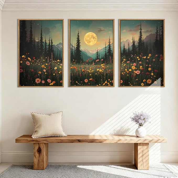 ANHUIB Large Wildflower Wall Art Mountain Floral Wall Decor Pine Tree Paintings Set of 3 for Living Room Bedroom Dining Room 16x24 Inch