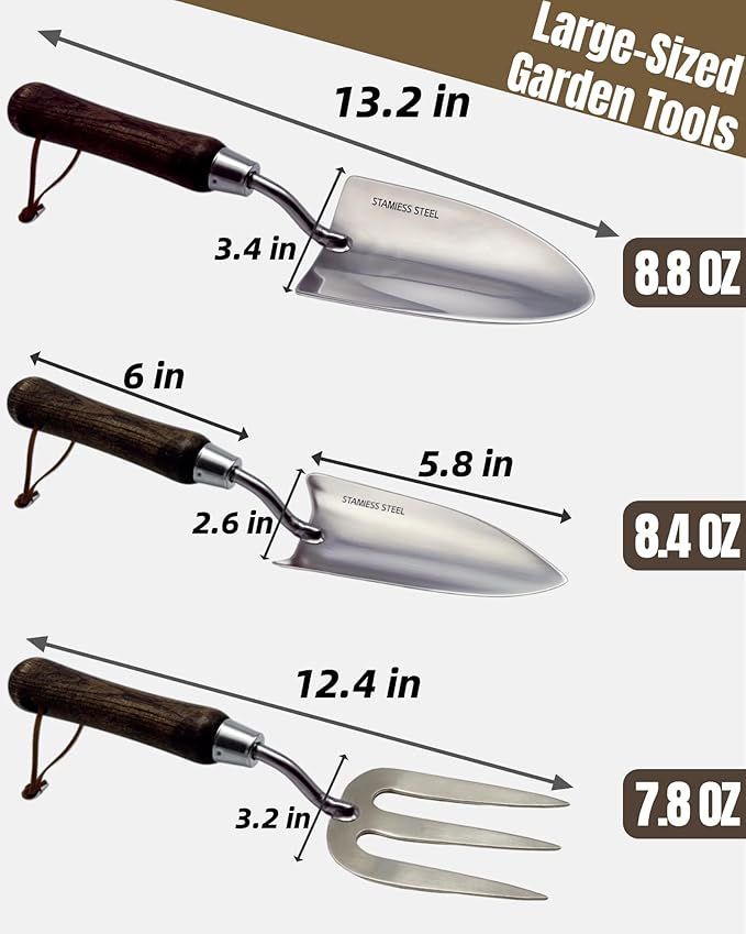 Garden Tool Set, 6PCS Heavy Duty Stainless Steel Gardening Hand Tools with Ropes, Includes Hand Cultivator Shovel Trowel Transplanter 2-in-1 Hoe Pruner Ideal Gardening Gifts for Women Men (Gift Box)