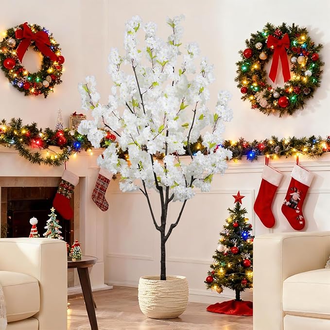Indoor Cherry Blossoms Tree White Artificial Cherry Blossom Tree 6FT Faux Bedroom Trees for Home Christmas New Year Decor