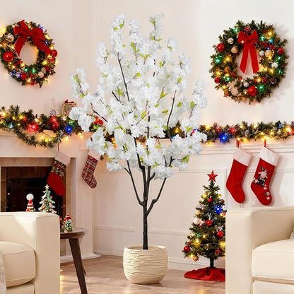 Indoor Cherry Blossoms Tree White Artificial Cherry Blossom Tree 6FT Faux Bedroom Trees for Home Christmas New Year Decor