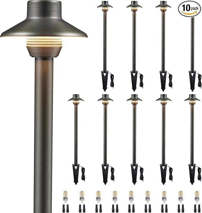 Gardenreet Outdoor Brass Low Voltage Driveway Lights, 12V Electric Waterproof Pathway Lighting, Wired Bronze Mini Shade Path Lights for Sideway Garden Patio with 3W 270LM 4000K G4 Bulb 10 Pack