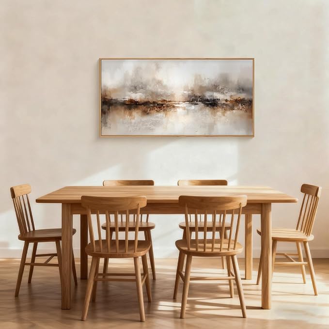 Large Abstract Brown Framed Canvas Wall Art,Neutral Brush Stroke Wall Decor,Modern Beige Gray Painting,Minimalist Textured Artwork for Living Room,Bedroom,Dining Room,Office -20"x40"x1