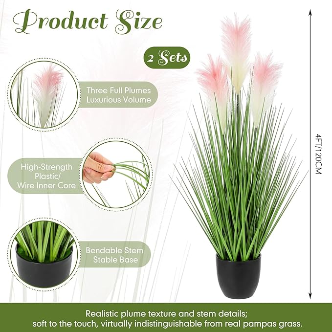 Jexine 2 Pcs Artificial Potted Plants 4 ft Tall Artificial Grass with Reed Flowers Potted Fake Greenery Floor Plants Tall in Pot for Housewarming Gift House Garden Bathroom Lobby Outdoor Decoration