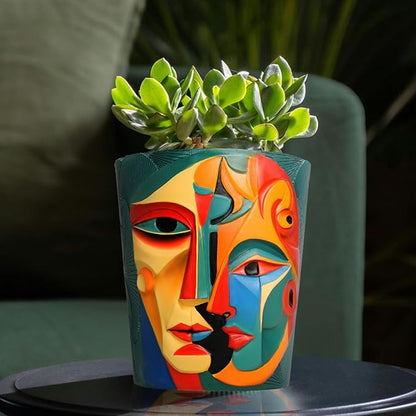 Abstract Face Planter Pot Unique Two-Sided face Flower Pot Rainbow Head Planter with Drainage for Indoor & Outdoor Plants Colorful Pots for Home Art Decor