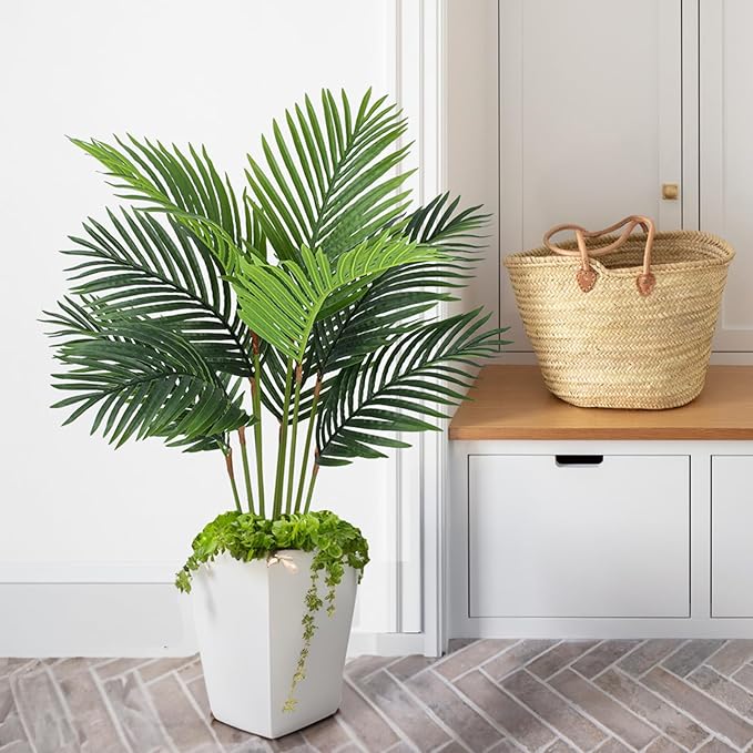 Fake Palm Trees 4 Ft Artificial Tropical Silk Plant-Tall Faux Faux Areca Palm Plants,Tall Artificial Plants Indoors and Outdoors in Pot
