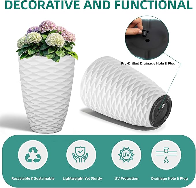 Planters for Indoor/Outdoor Plants (Set of 2), 19in Tall Large Garden Pots, Wavy Matte White Planter, Faux Ceramic Flower Pots, All-Weather Durable HDPE Plastic Plant Pot with Drainge Hole