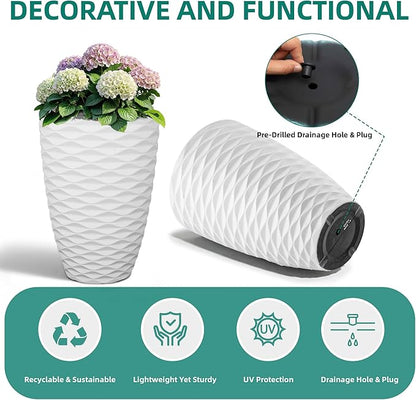 Planters for Indoor/Outdoor Plants (Set of 2), 19in Tall Large Garden Pots, Wavy Matte White Planter, Faux Ceramic Flower Pots, All-Weather Durable HDPE Plastic Plant Pot with Drainge Hole