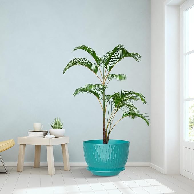 12 inch Large Plant Pots, Flower Pots with Multi-Mesh Drainage Holes and Saucer, Plastic Planters for Indoor and Outdoor Garden Plants (Black-Green, 12")