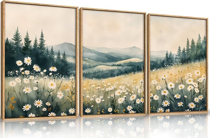 Large Misty Mountain Framed Canvas Wall Art,Nature Daisy Flower Wall Decor,Modern Foggy Forest Art Painting,Abstract Woodland Landscape Artwork for Living Room,Bedroom,Dining Room-24"x36"x3