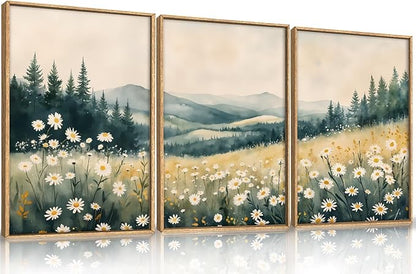 Large Misty Mountain Framed Canvas Wall Art,Nature Daisy Flower Wall Decor,Modern Foggy Forest Art Painting,Abstract Woodland Landscape Artwork for Living Room,Bedroom,Dining Room-24"x36"x3