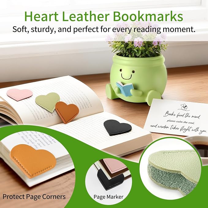 Book Lover Gift Set- Cute Reading Planter Pot with 5 Heart Leather Bookmarks & Quote Card, Cozy Desk Decor and Perfect Gift for Teacher, Librarian, Women, Mom, Friend, Colleague