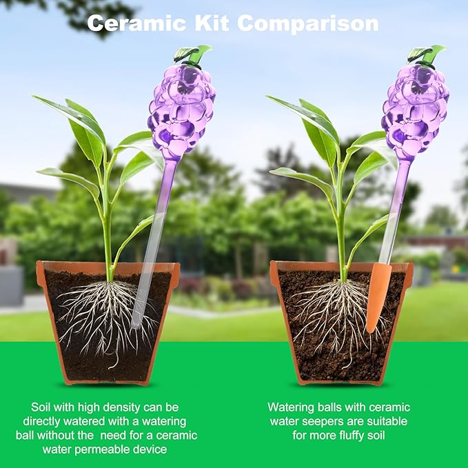 Plant Watering Globes, Grape Shape Self Watering Globes, Plant Watering Devices, 3PCS Purple+Green Color Clear Glass Bulbs Self Watering Planter Insert