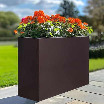 BAYN Metal Rectangular Planter Box Tall Planters for Outdoor Plants Modern Heavy Duty with Drainage Holes for Outside Indoor Patio Deck - Brown, 32”x 12”x 24”