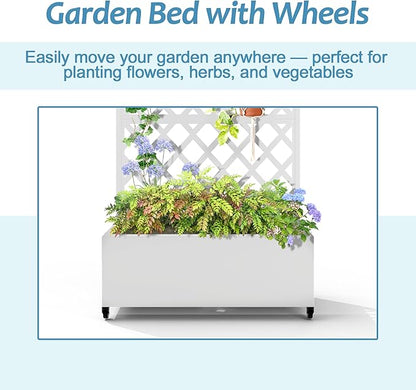 Metal Planter Box with Trellis & Wheels, Raised Garden Bed with Privacy Screen, Outdoor Standing Flower Beds with Drainage Hole for Climbing Plants, Vine, 35.4" L x 15.7" W x 70.9" H, White