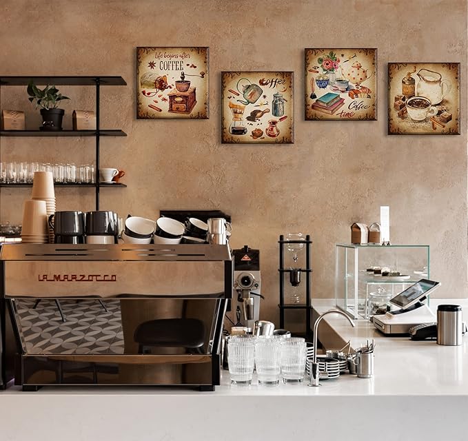 BLINFEIRU Kitchen Wall Art Coffee Decor Canvas Prints Vintage Brown Pictures for Coffee Bar Wall Decor 4 Panel Modern Artwork for Dining Room Cafe Restaurant Decorations Framed 12" Wx12 Hx4