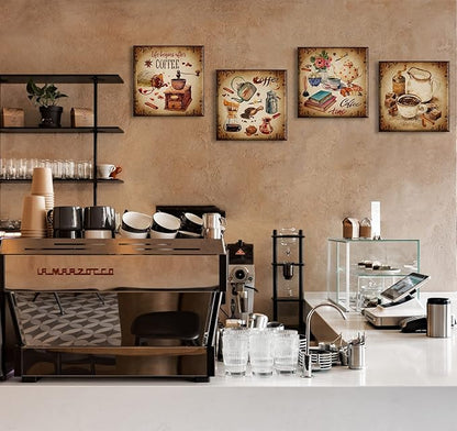 BLINFEIRU Kitchen Wall Art Coffee Decor Canvas Prints Vintage Brown Pictures for Coffee Bar Wall Decor 4 Panel Modern Artwork for Dining Room Cafe Restaurant Decorations Framed 12" Wx12 Hx4