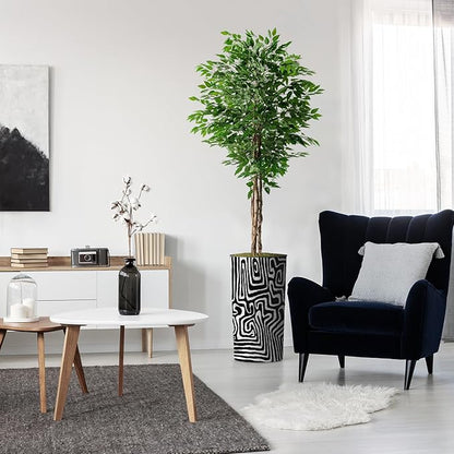 Artificial Tree in Modern Geometric Pattern Planter, Fake Ficus Silk Tree for Indoor and Outdoor Home Decoration - 75" Overall Tall (Plant Pot Plus Tree)