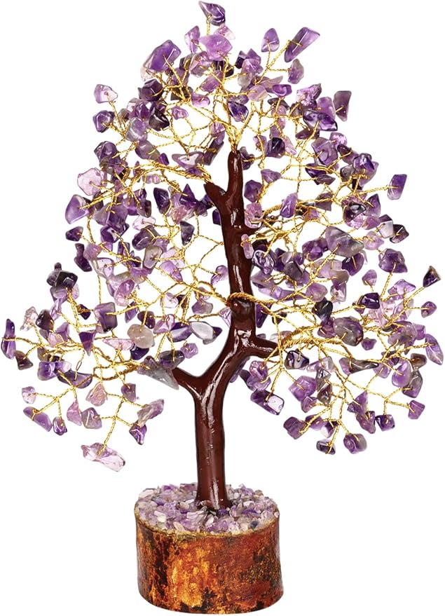 NARIBABU Amethyst Crystal Tree – 10-12 Inch Gemstone Tree with Golden Wire & Wooden Base – Spiritual Gift, Gifts for Her, Healing Crystals Decor, Birthday Gift for Women, Reiki Energy