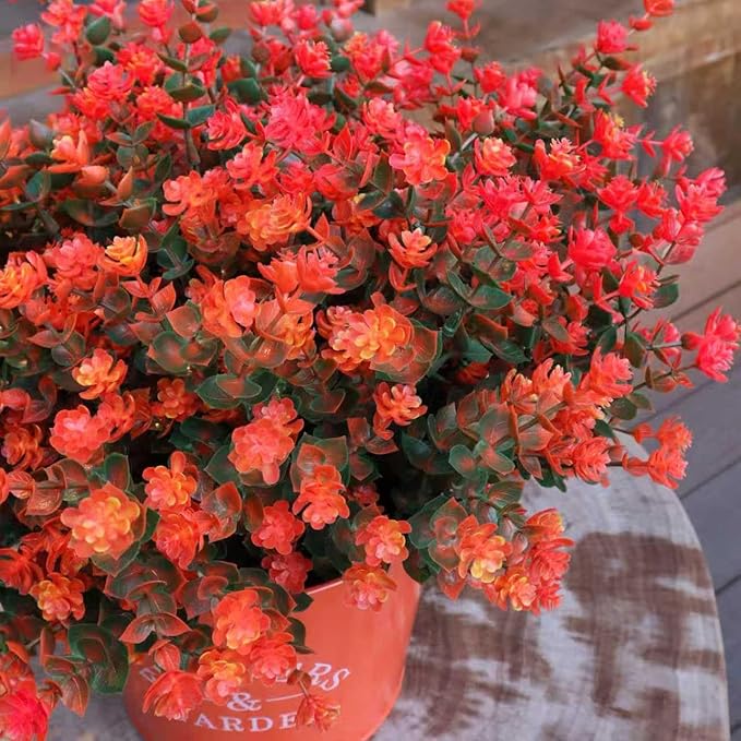 Artificial Flowers for Outdoors, Faux Flowers for Outdoor planters, 12 Bundles Fake Flowers UV-Anti for Decoration, Outdoor Faux Plants, Orange+Red