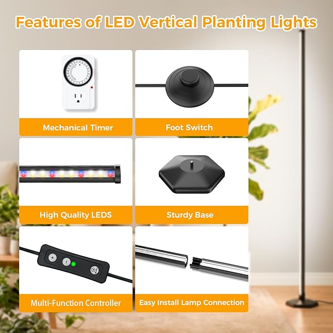 Grow Lights for Indoor Plants with Timer, 42W 192 LEDs Full Spectrum Vertical Grow Light 65 Inch Standing Grow Lights with Foot Switch,3 Light Modes 10-Level Dimmable Wide Coverage