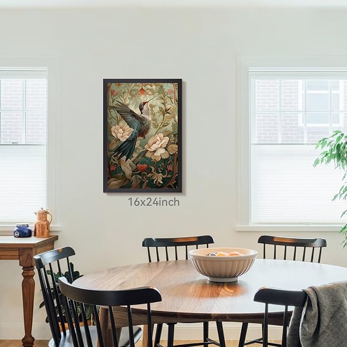 CAZLOUC Vintage Hummingbird Wall Art, William Morris Flower Wall Decor, Nature Floral Aesthetic Picture, Neutral Botanical Canvas Print for Living Room Bedroom Bathroom Office Wood Framed 12x16 Inch